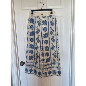 Joie Wide Leg Embroidered Blue/Ivory Pants Linen Blend Size US 6 NWOT